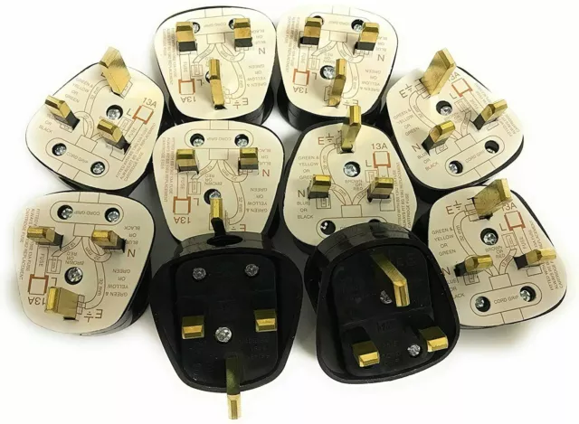 Standard UK Fused 13A 13 Amp Black Mains 3 Pin Household Plugs-10 PACK