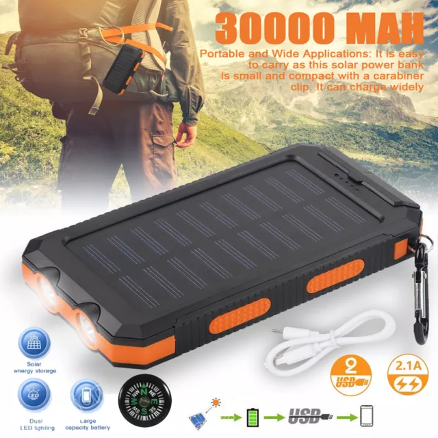 Solar Powerbank 30000mAh Tragbar USB Externer Batterie Ladegerät für Alle Handys