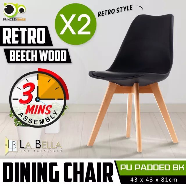 2X Retro Replica PU Padded DSW Beech Dining Chairs Cafe Kitchen