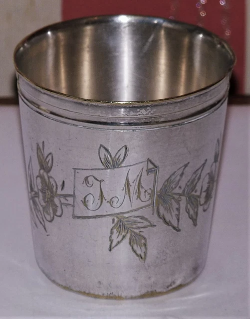 ANCIENNE TIMBALE EN Metal Argente Gravee Jm Et Fleurs Poincon Dh EUR 8 ...