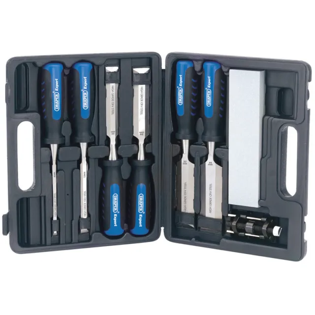 Draper 88605 8 Piece Wood Chisel Set With Sharpening Stone & Honing Guide