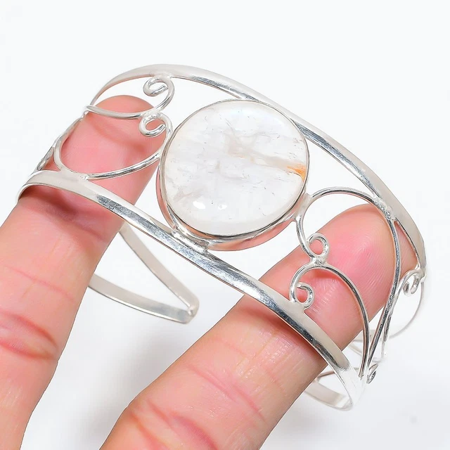 Golden Rutile Gemstone Handmade 925 Sterling Silver Cuff Bangle Adjustable j431