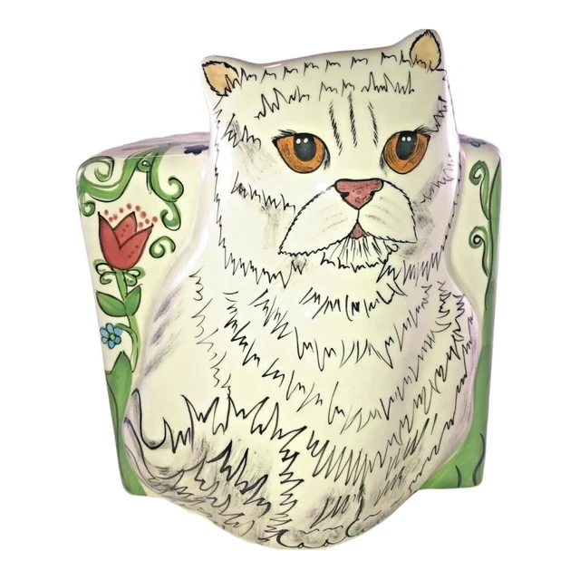 Cats by Nina Lyman Tissue Box Cover Spring Floral Square 3D White Cat Kitty