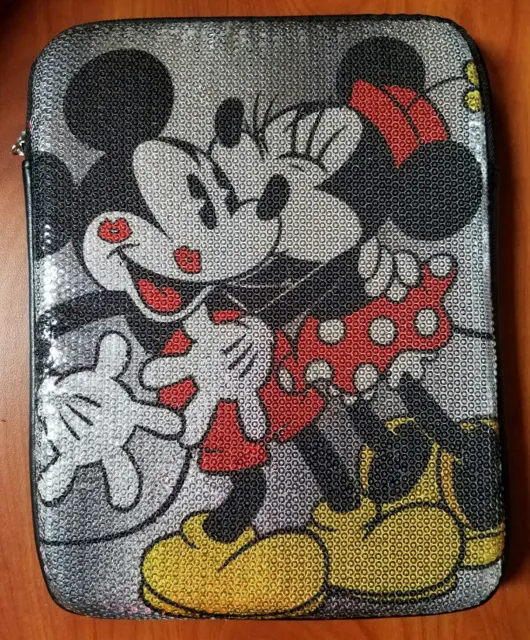 New Disney World Minnie Mouse Kissing Mickey Sequin Design Zip Tablet Case