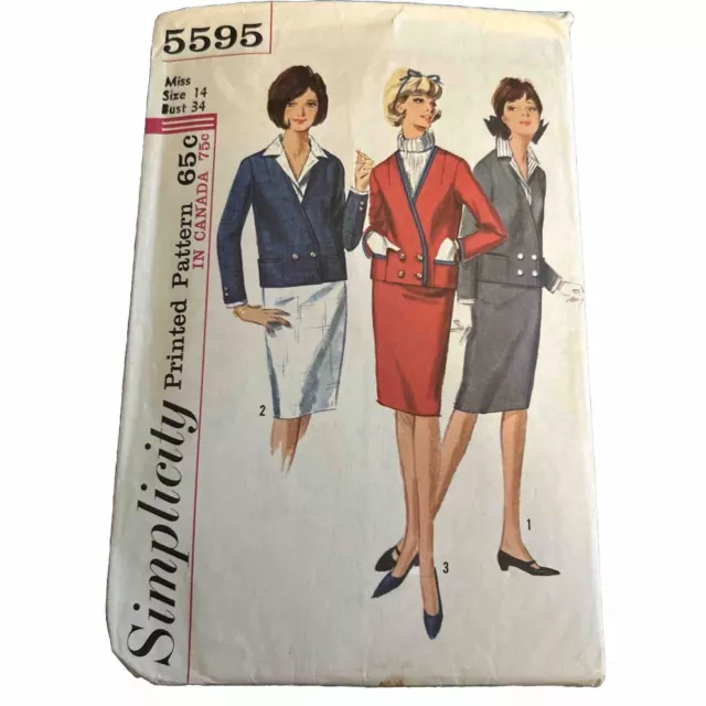 VTG 60s Miss SKIRT Jacket Dickey Cuffs Simplicity 5595 Pattern Sz 14 B34 Comp