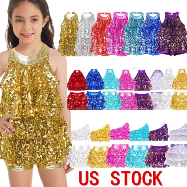 US Girls Shiny Sequins Latin Jazz Leotard Performance Dance Tutu Dress Costume