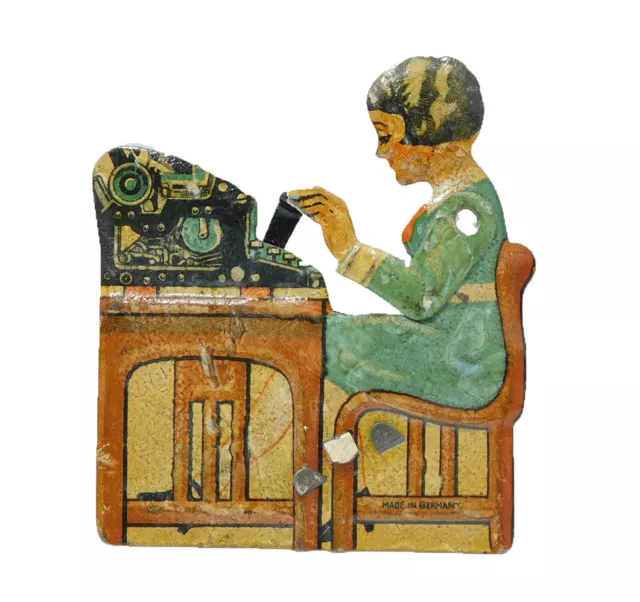 Antique Mechanical Clicker German Lady Secretary Typist Tin Noisemaker Rare