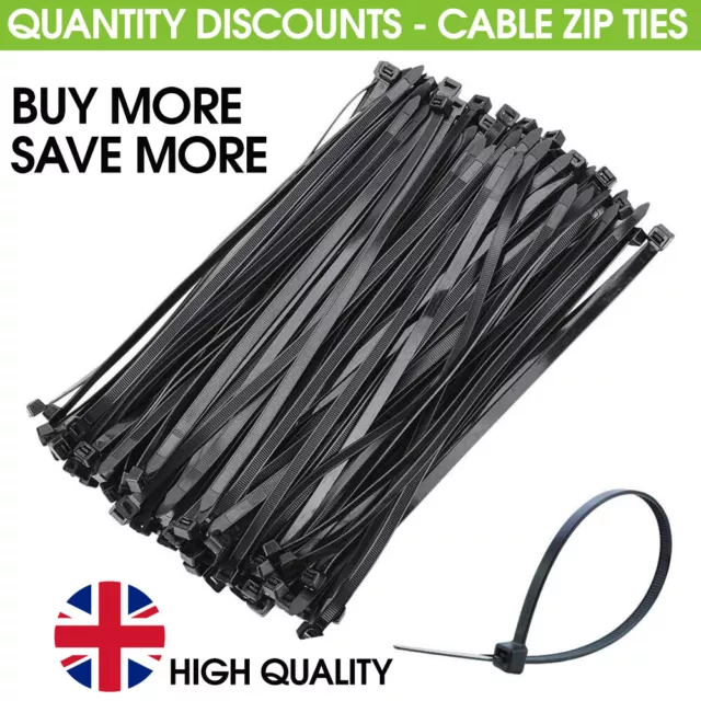 300mm x 4.8mm Nylon Plastic Strong Heavy Duty Black Cable Ties / Zip Tie Wraps