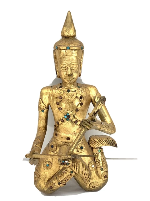 VTG Thai Siam Figure Asian Musician Wood Carved Giltwood Gold Gilt Wall Hanging