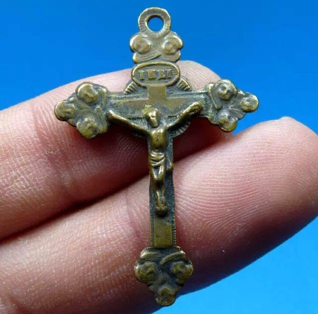 19Th Antique Christ Crucifix Cross Pendant Bronze Charm Religious Mission