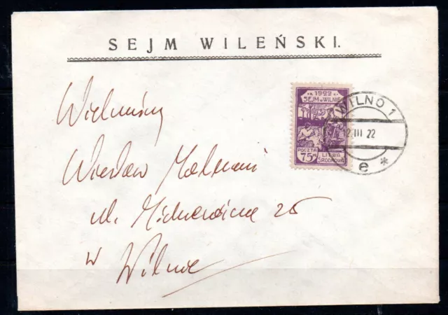CENTRAL  LITHUANIA , 1922 ,  scarce cover with perforated 75 MK. stamp, LOOK !