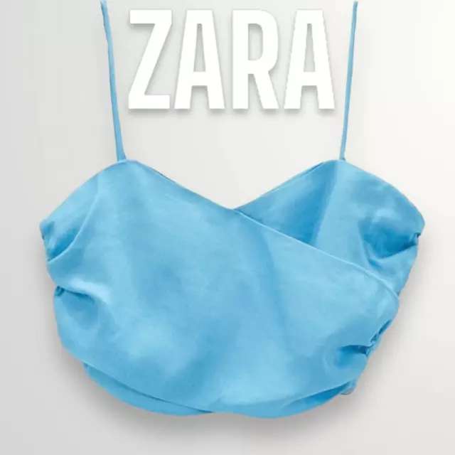 Zara DAISY Floral LINEN BLEND CROP TOP light blue 7385/052 Bra Bralette M 