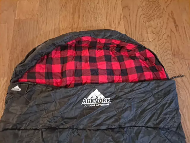 NEW Agemore Sleeping Bag long 91"x35" black w/ red cotton flannel lining Camping