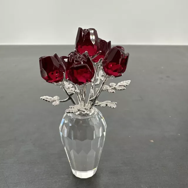 Swarovski Crystal Red Roses in Vase - Rhodium Leaves NO Box