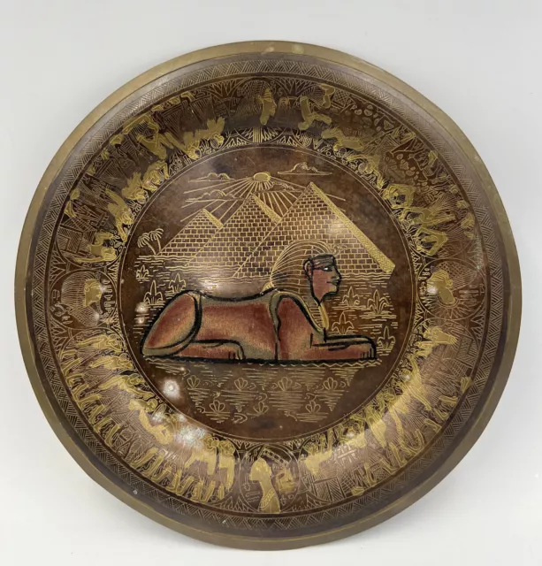 Sphinx Egyptian Hand Crafted Wall Hanging Plate Brass Copper 8" Etched Patina
