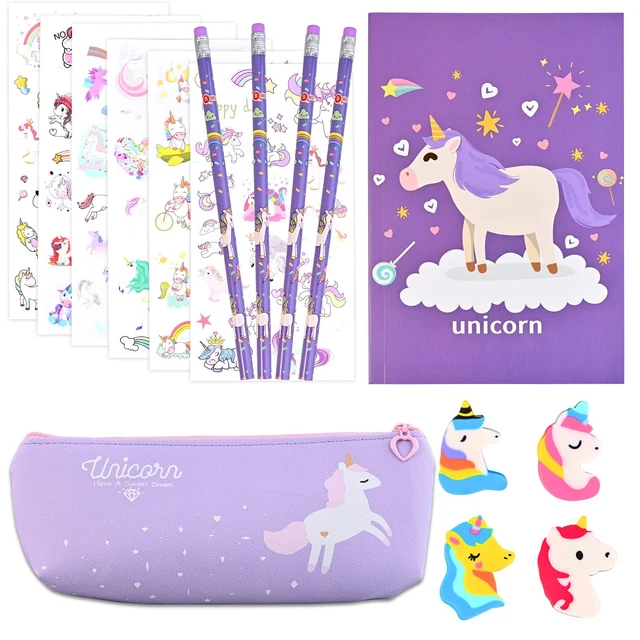 Kit Cancelleria Unicorno Per Bambine - 20 Penne, 1 Quaderno, Astuccio, Adesivi, Regalo Compleanno - Foto 5