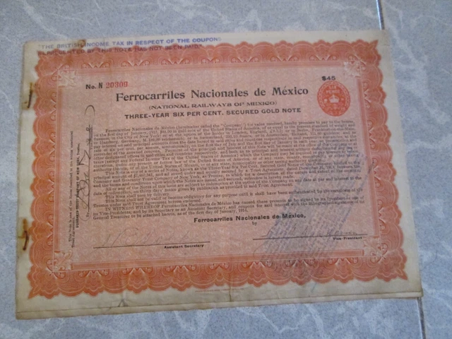Mexico 1914 Ferrocarriles Nacionales Railways 20 Dollars Gold Warrants Bond RARE