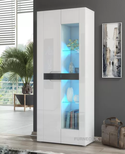 White Display Cabinet 2-Door Cupboard Unit High Gloss &Matt Milano08 LED Lights