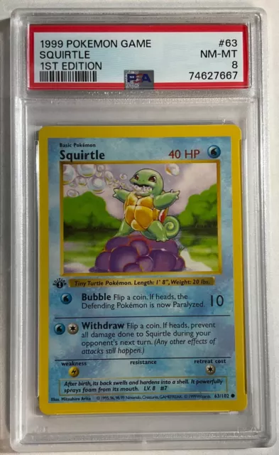 1999 Pokemon SQUIRTLE 1st Edition Shadowless Base Set #63 PSA 8 NM-MT