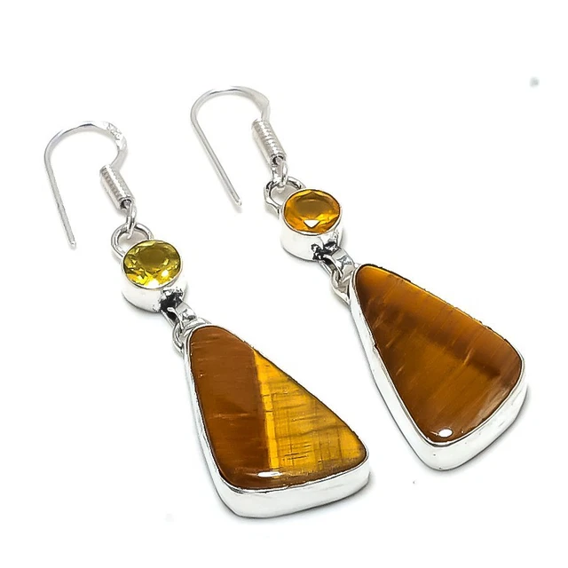 Tiger Eye, Citrine Gemstone Handmade Gift Jewelry Earring 2.17" y205