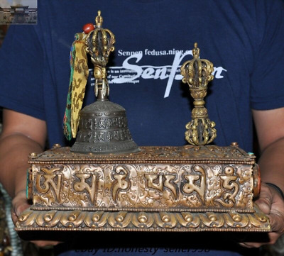 Old Tibet fane Bronze Om Mani Padme Hum Bell Zhong Dorje Vajra Phurpa Faqi Set