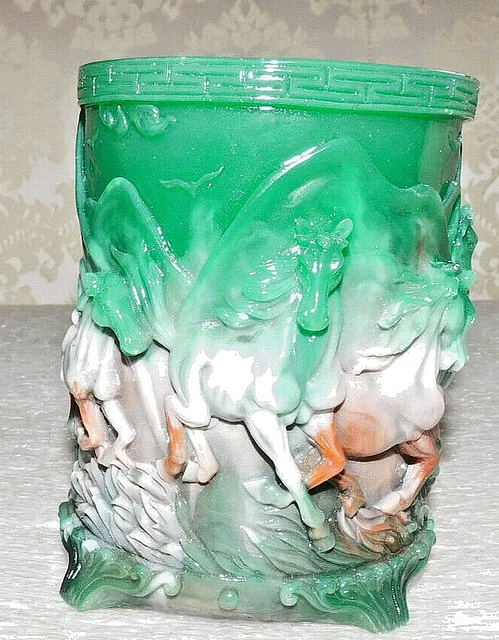 Chinese Carved And Decorated   Soapstone  Cup With Horses