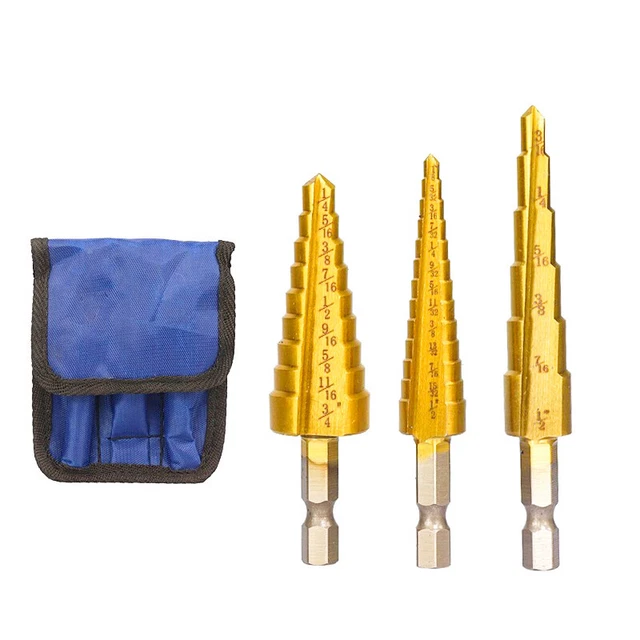 3Pcs Step Drill Bit Set Titanium Coated Quick Change Multiple Hole 1/4'' Shank