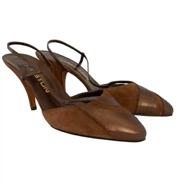 NWOT Halston Vintage Brown Suede Bronze Leather Slingback Heels