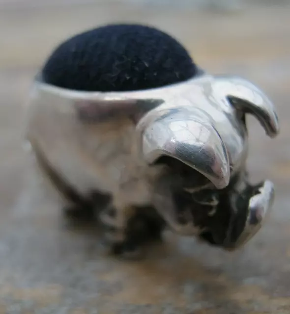 Edwardian Style English Hallmarked Sterling Silver Pig Pin Cushion - Blue Velvet 2