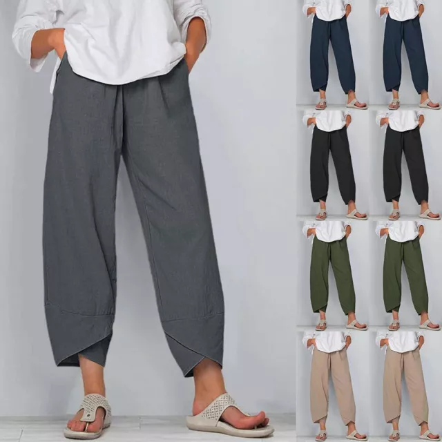 Summer Womens Ladies Cotton Linen Baggy Casual Harem Pants Trousers Plus Size