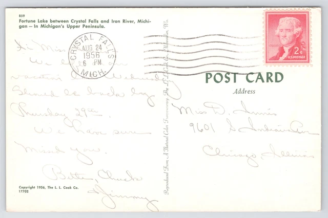 Crystal Falls Michigan~Fortune lake & Picnic Table~Vintage Postcard 2