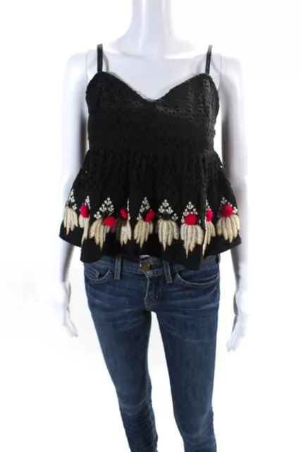 Leifsdottir Womens Embroidered Eyelet Pom Pom Crop Tank Top Black Size 8