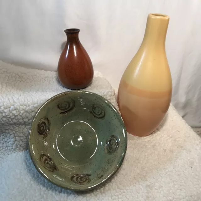 LOT -Vintage Studio Art Pottery Small 4.5" Bud Vase Bulbous SO7, Marked Bowl, +