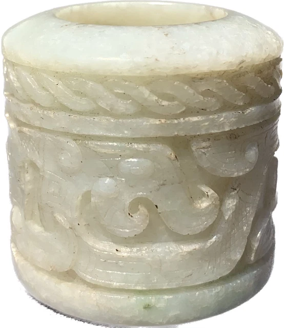 Chinese antique white jade double dragon pattern jade ring