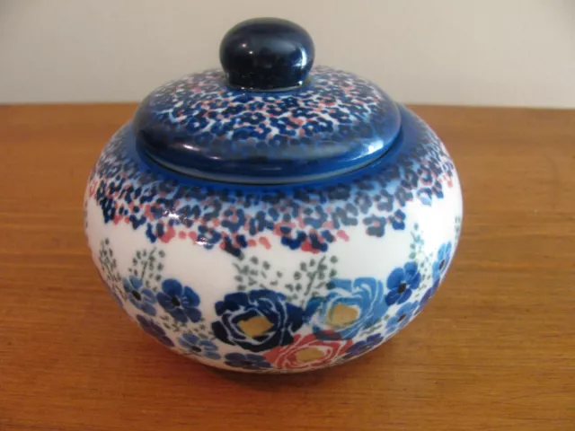 Polish Pottery 4" Lidded Dish, Sugar Bowl, Unikat Boleslawiec Floral