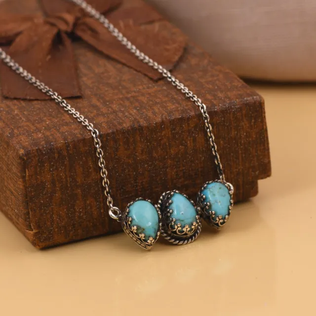 Natural Kingman Turquoise Trio Pendant Necklace 925 Silver Boho Jewelry For Gift