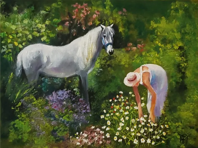 YARY DLUHOS Woman Horse Garden Flowers Female Figure Original Art Oil Painting