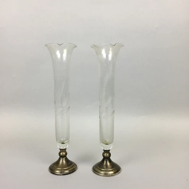Pair Of Vintage Etched Bud Vase Web Sterling Silver Base Wheat Etched