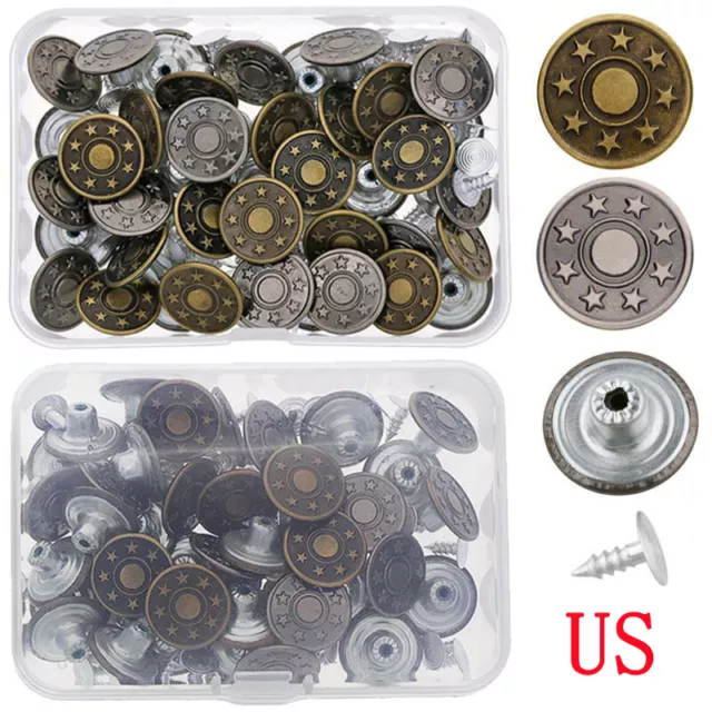 US 40Set 17mm Jeans Metal Button Tack Snap Buttons Replacement with Rivets+Box