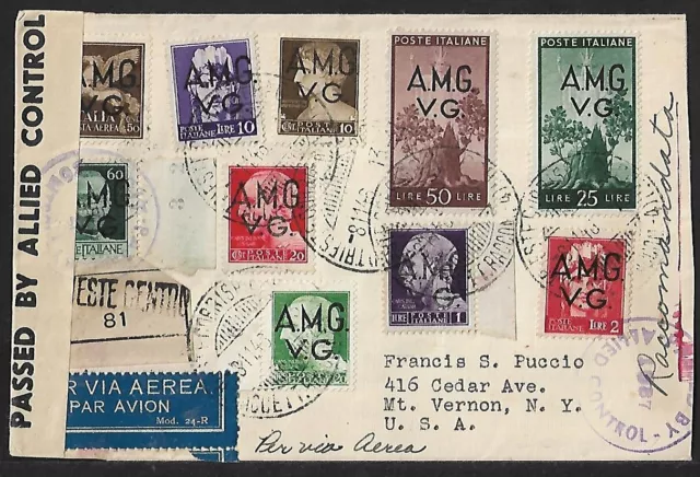 Italy Amg Trieste Venezia Giulia To Us Air Mail Registered Censor Cover 1946