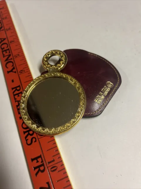 Vtg Italy Small Gold Toned Metal Ornate Floral Hand Mirror W Case Fleur De Lis