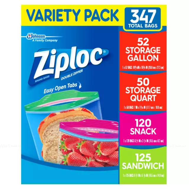 Ziploc Double Zipper Gallon Quart Snack Sandwich Freezer Variety Pack 347 Bags