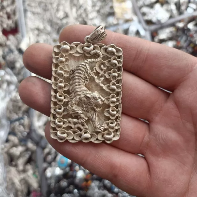 Exquisite Old Chinese tibet silver handcarved downhill Tiger pendant amulet