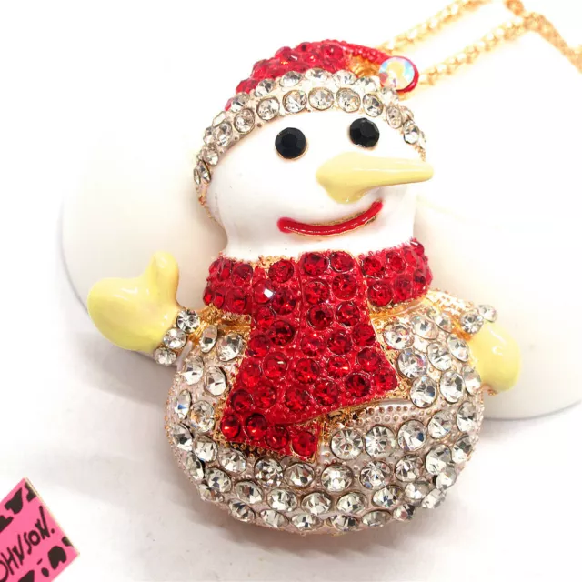 New Betsey Johnson Rhinestone Red Cute Snowman Crystal Pendant Chain Necklace