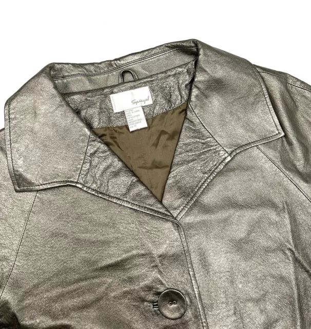 Spiegel Leather Jacket Womens Size 12 Metallic Gold 3/4 Sleeve Button Closure 3
