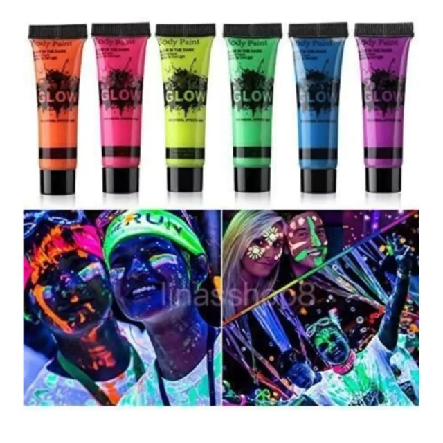 6 Pack Face Body UV Paint Fluorescent Blacklight Glow Set Makeup Party Body Art