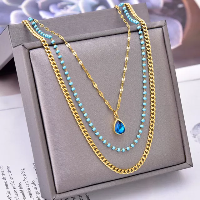 Womens Blue Crystal Drop Pendant 18K Gold Plated Titanium Steel Tassel Necklace