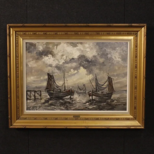 Marine signierte Emile Lammers Öl Leinwand Gemälde Boote Kunst 20. Jahrhundert