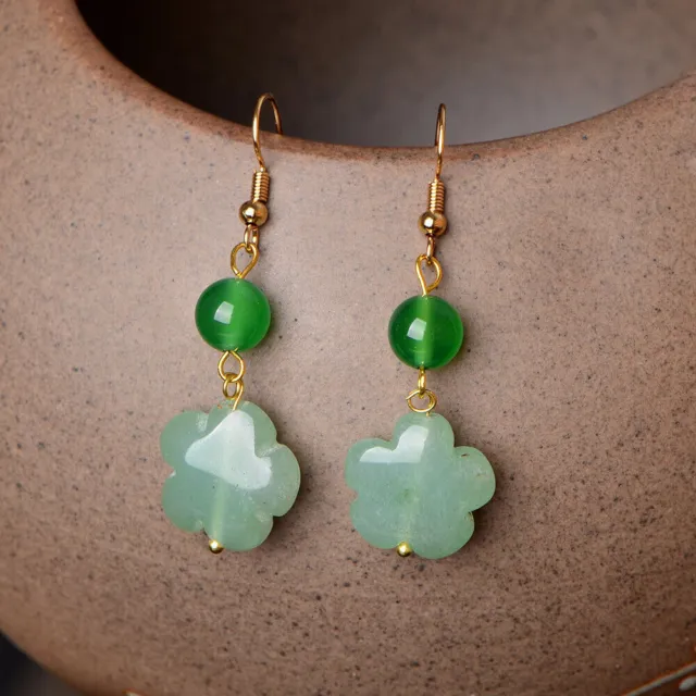 Green Jade Flower Earrings Gifts Chalcedony 925 Silver Jewelry Natural Women
