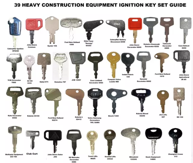 39 Heavy Construction Equipment Ignition Key Set Cat Case JD Komatsu Kubota JCB